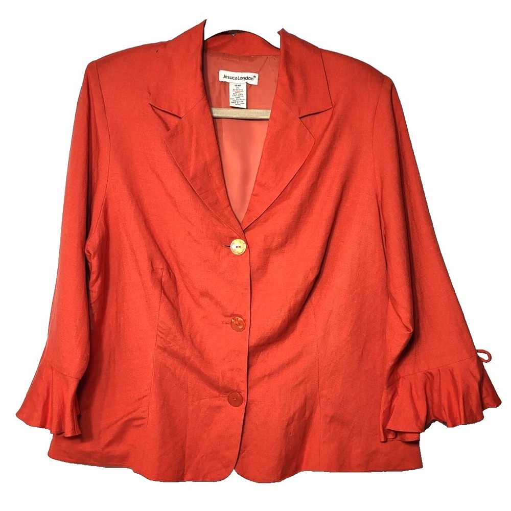 Jessica London Dark Orange Blazer Linen/Rayon Lined Ruffle Long Sleeve Size 14WP